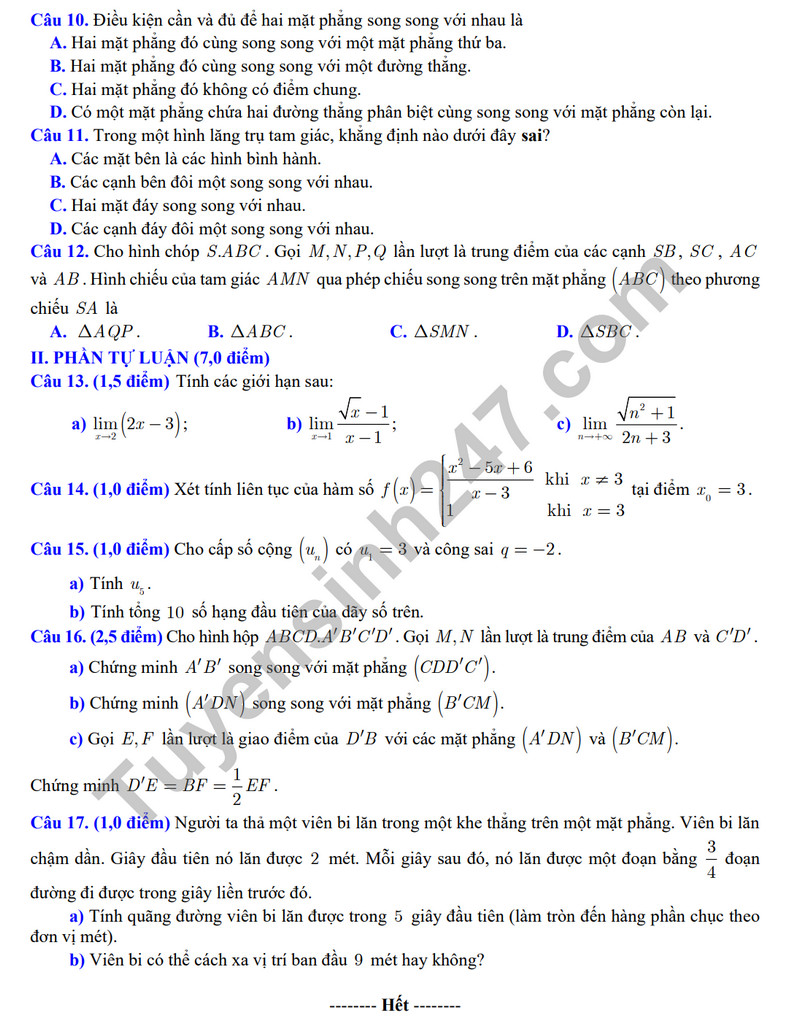 De thi ki 1 lop 11 mon Toan - So GD Bac Ninh 2023