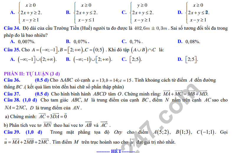 De thi HK 1 mon Toan lop 10 - THPT Nguyen Hue 2023