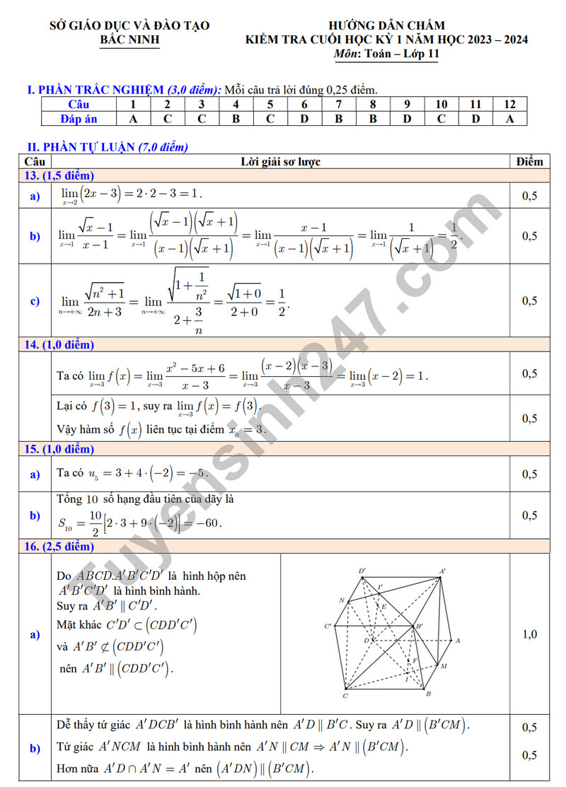 De thi ki 1 lop 11 mon Toan - So GD Bac Ninh 2023