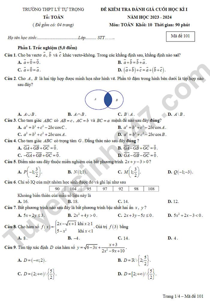 De thi ki 1 mon Toan lop 10 - THPT Ly Tu Trong 2023 (Co dap an)