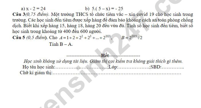 De thi cuoi ki 1 mon Toan lop 6 nam 2023 - THCS Kim Son (Co dap an)