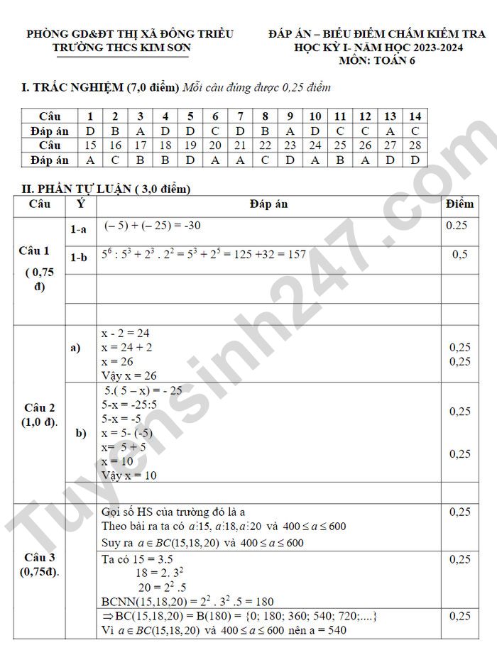 De thi cuoi ki 1 mon Toan lop 6 nam 2023 - THCS Kim Son (Co dap an)