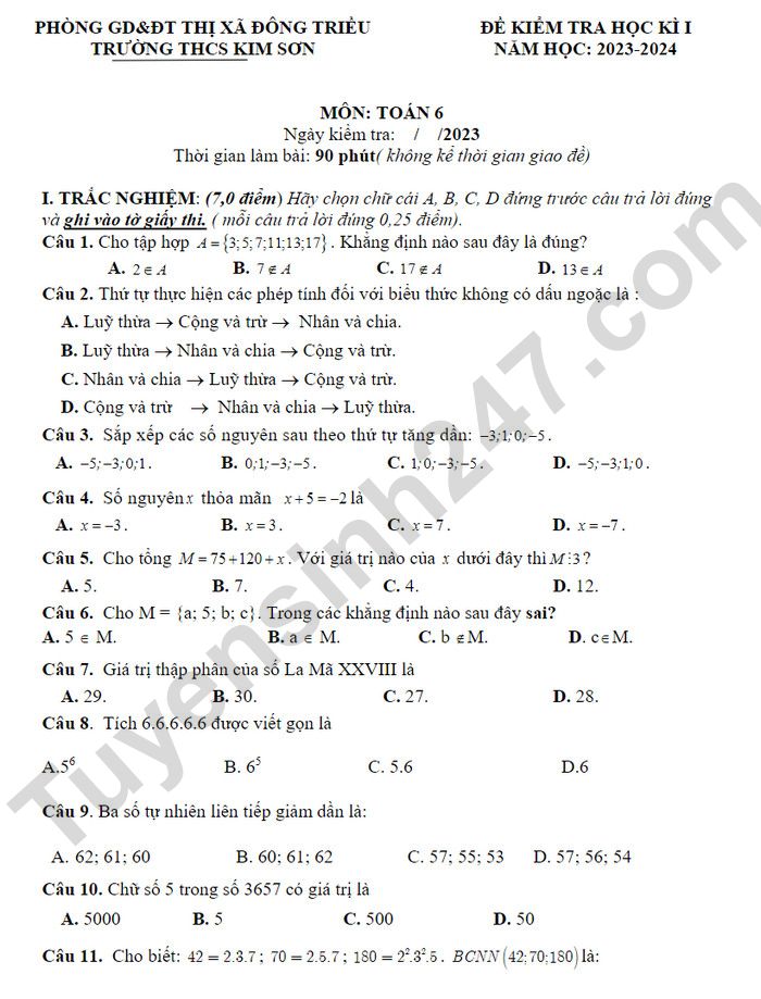 De thi cuoi ki 1 mon Toan lop 6 nam 2023 - THCS Kim Son (Co dap an)