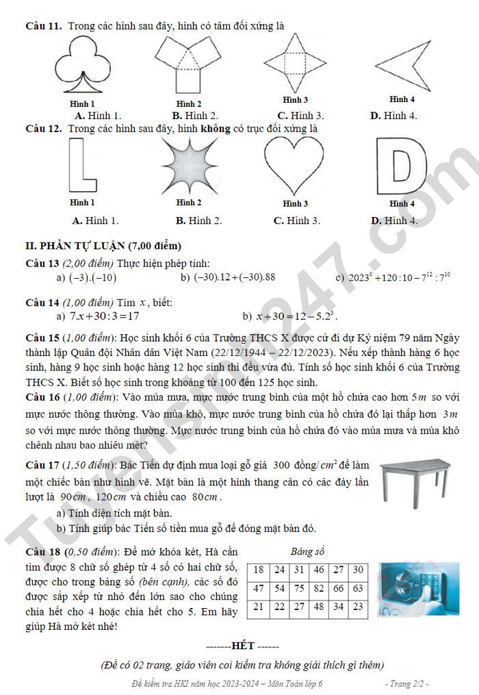 De hoc ki 1 lop 6 nam 2023 mon Toan - TX Ninh Hoa (Co dap an)