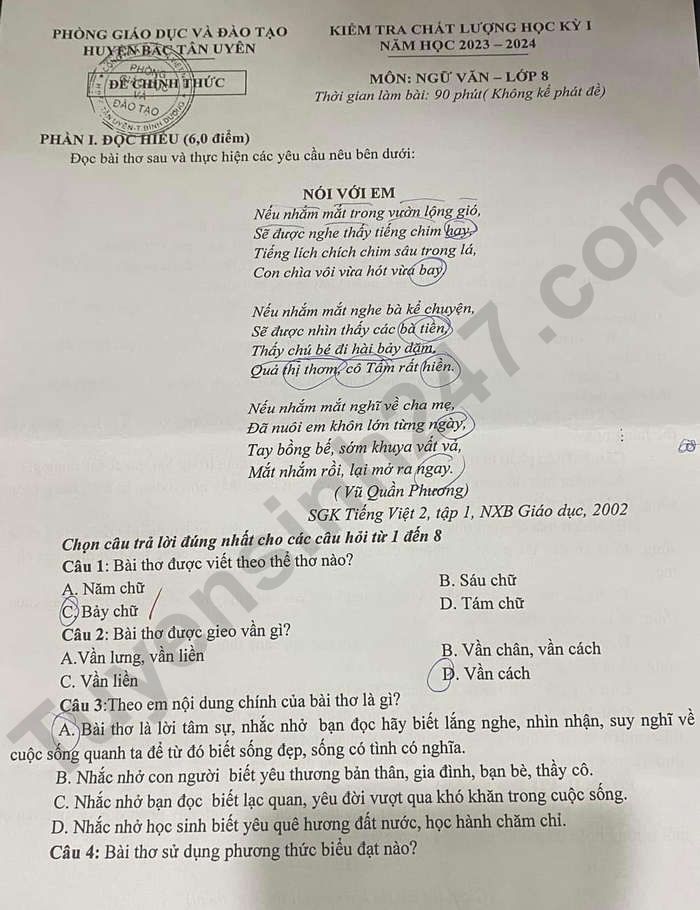 De HK 1 mon Van lop 8 - Huyen Bac Tan Uyen 2023
