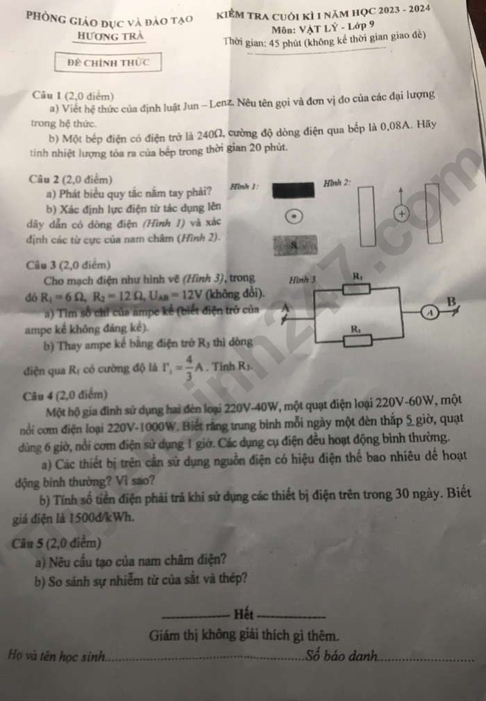 De thi hoc ki 1 lop 9 mon Ly 2023 - Huyen Huong Tra
