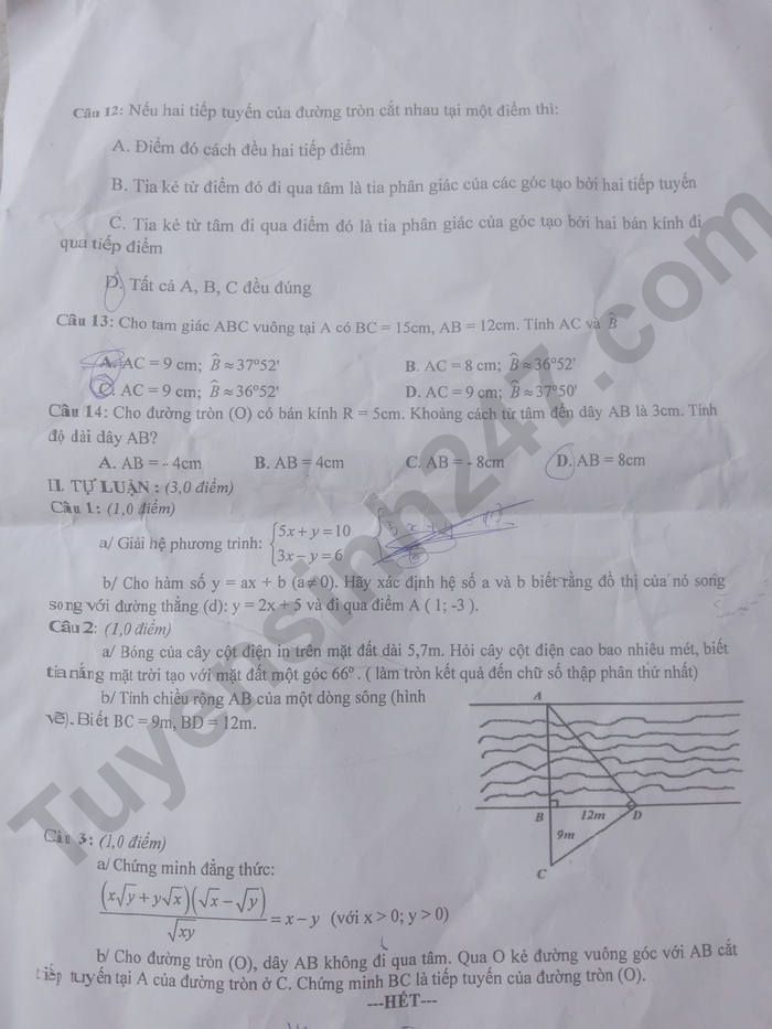 De thi hoc ki 1 lop 9 mon Toan 2023 - THCS Tran Dai Nghia