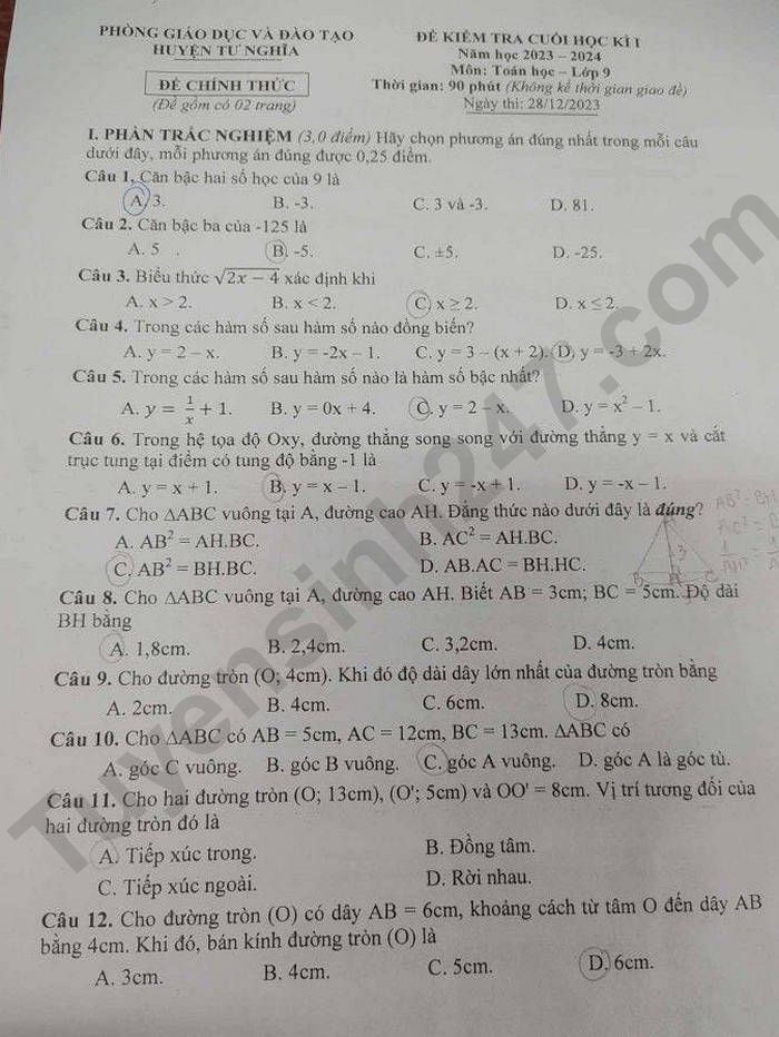 De HK 1 mon Toan lop 9 - Huyen Tu Nghia
