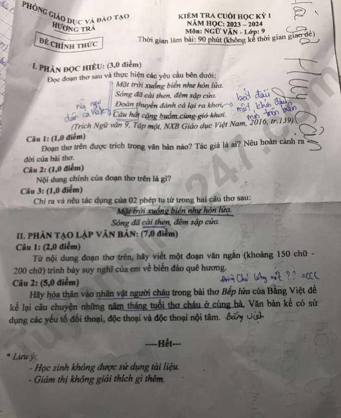 De thi ki 1 mon Van lop 9 - Huyen Huong Tra 2023