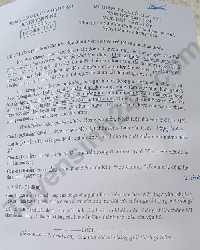 De thi ki 1 mon Van lop 9 - Huyen Van Ninh 2023