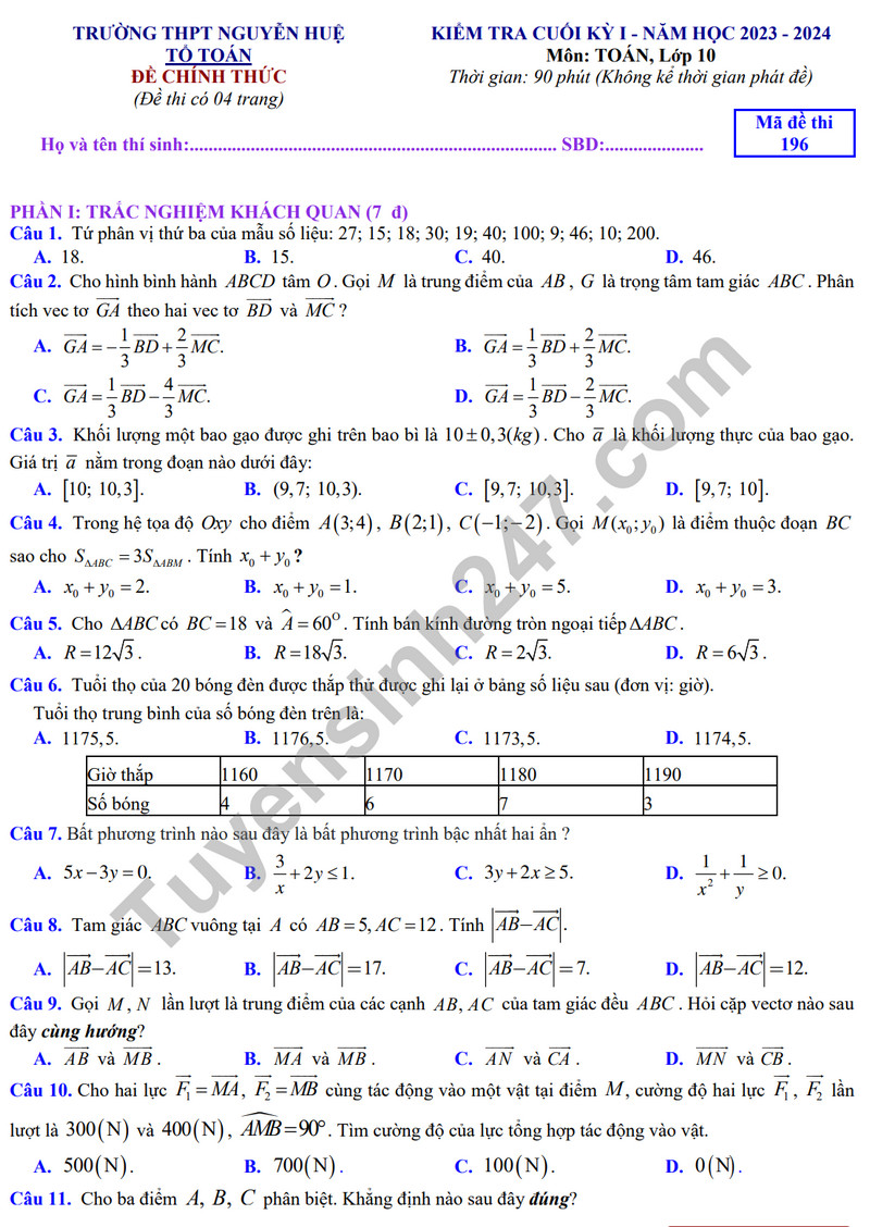 De thi HK 1 mon Toan lop 10 - THPT Nguyen Hue 2023