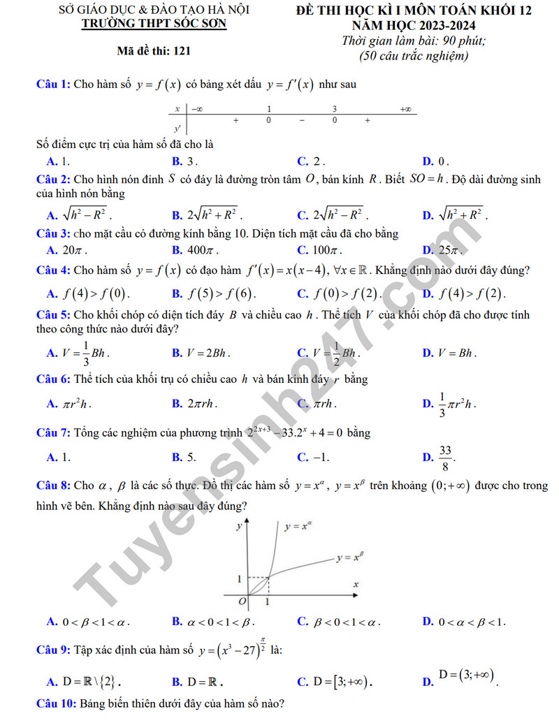 De HK 1 mon Toan lop 12 - THPT Soc Son 2023
