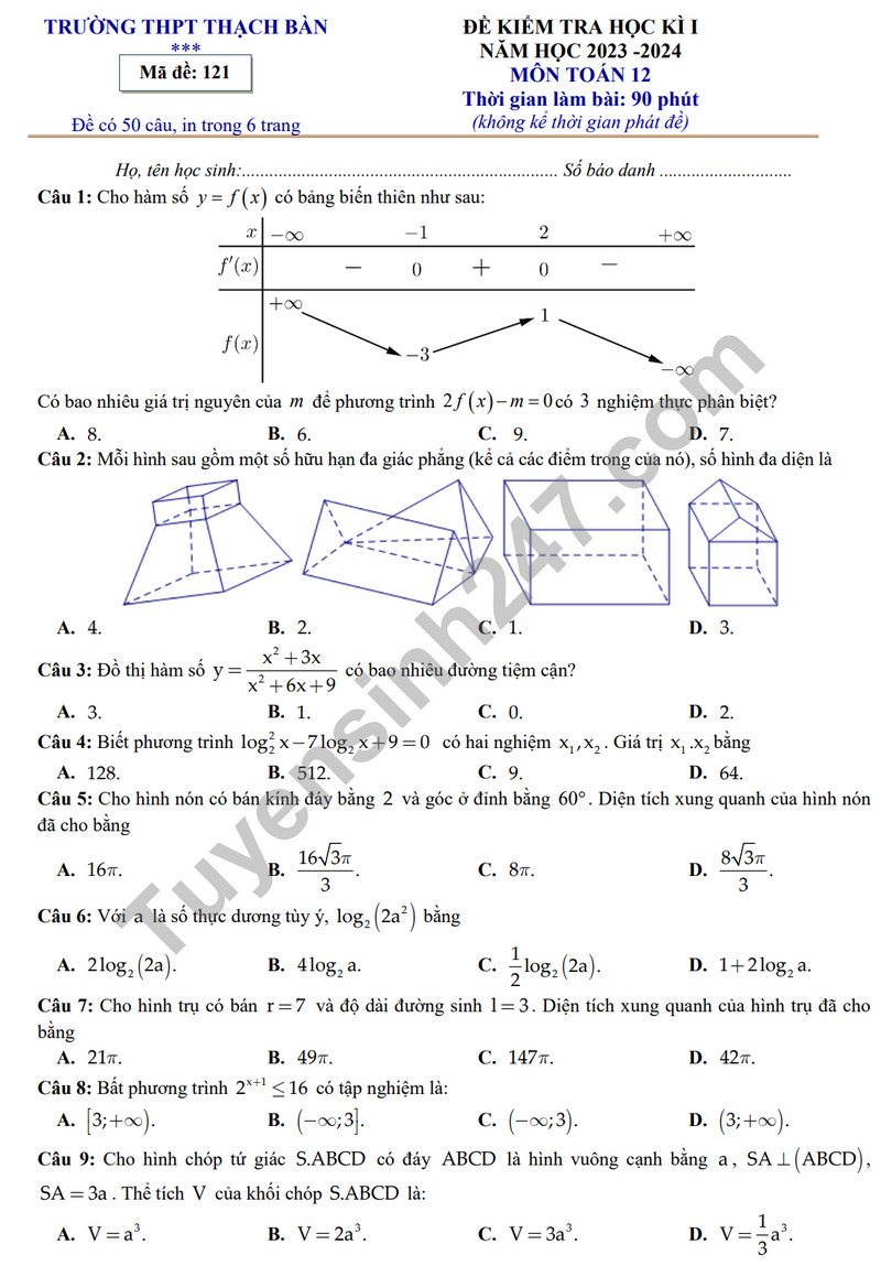 De kiem tra HK1 mon Toan lop 12 nam 2023 - THPT Thach Ban (Co dap an)
