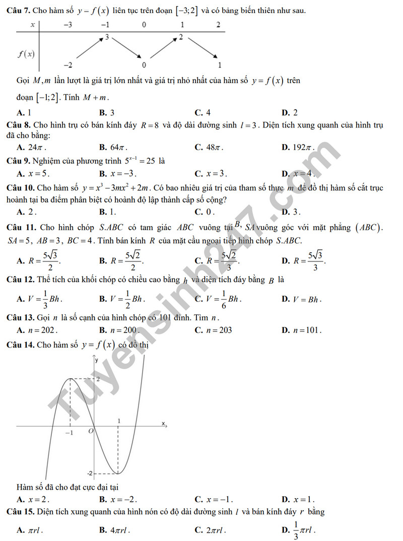 De thi HK 1 mon Toan lop 12 nam 2023 - THPT Tran Quoc Toan (Co dap an)