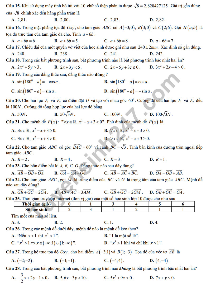 De thi cuoi ki 1 mon Toan lop 10 - THPT Tran Quoc Toan 2023 (Co dap an)