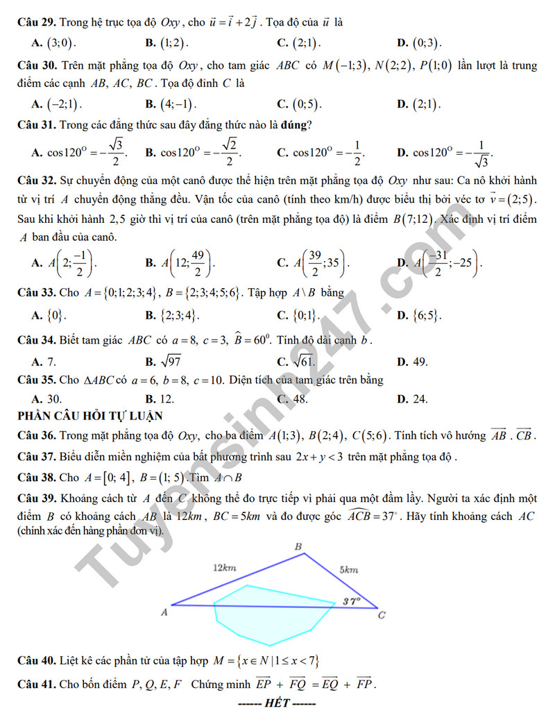 De thi cuoi ki 1 mon Toan lop 10 - THPT Tran Quoc Toan 2023 (Co dap an)