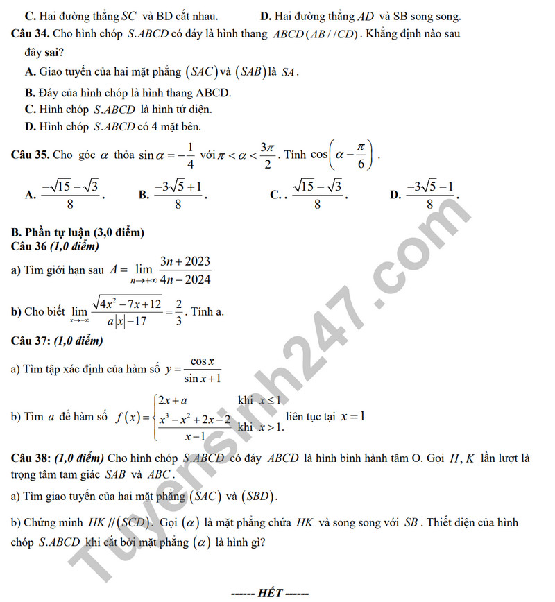 De thi HK 1 mon Toan lop 11 - THPT Tran Quoc Toan 2023 (Co dap an)