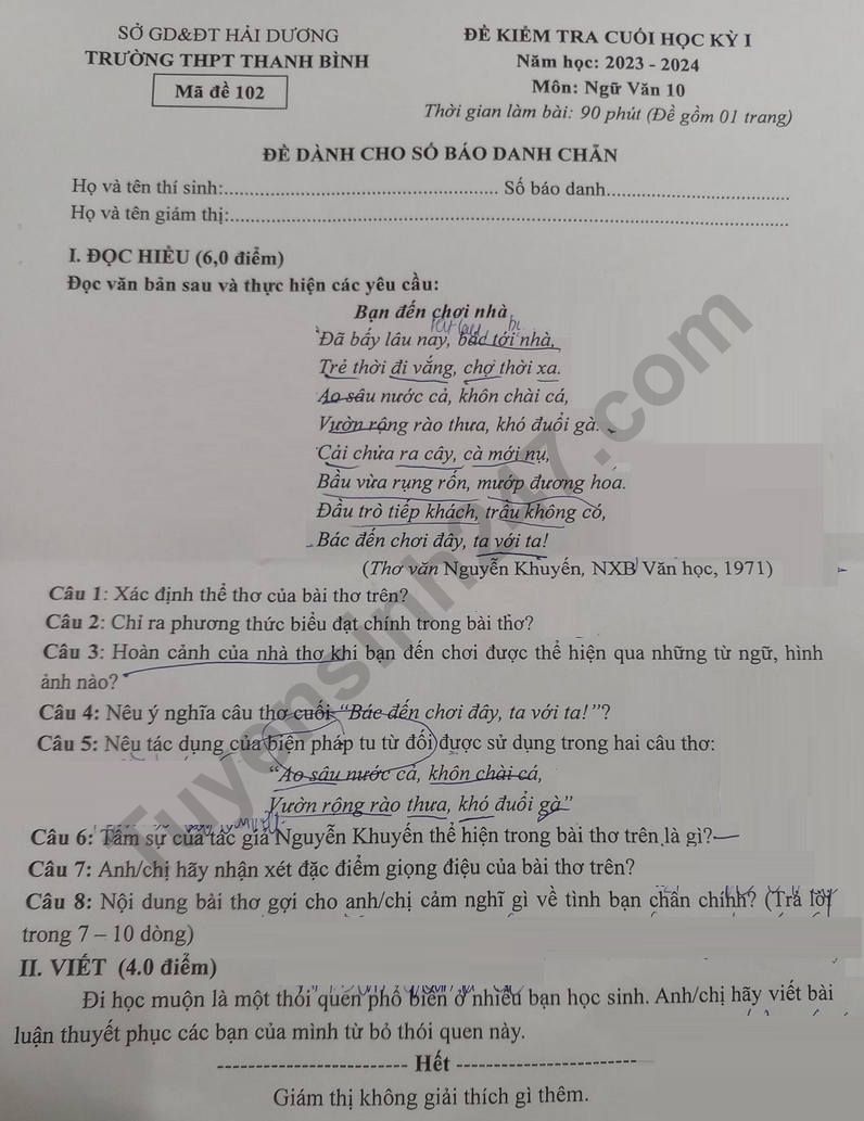De thi ki 1 mon Van lop 10 - THPT Thanh Binh 2023