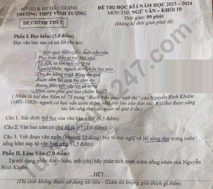 De thi ki 1 mon Van lop 10 - THPT Vinh Tuong 2023