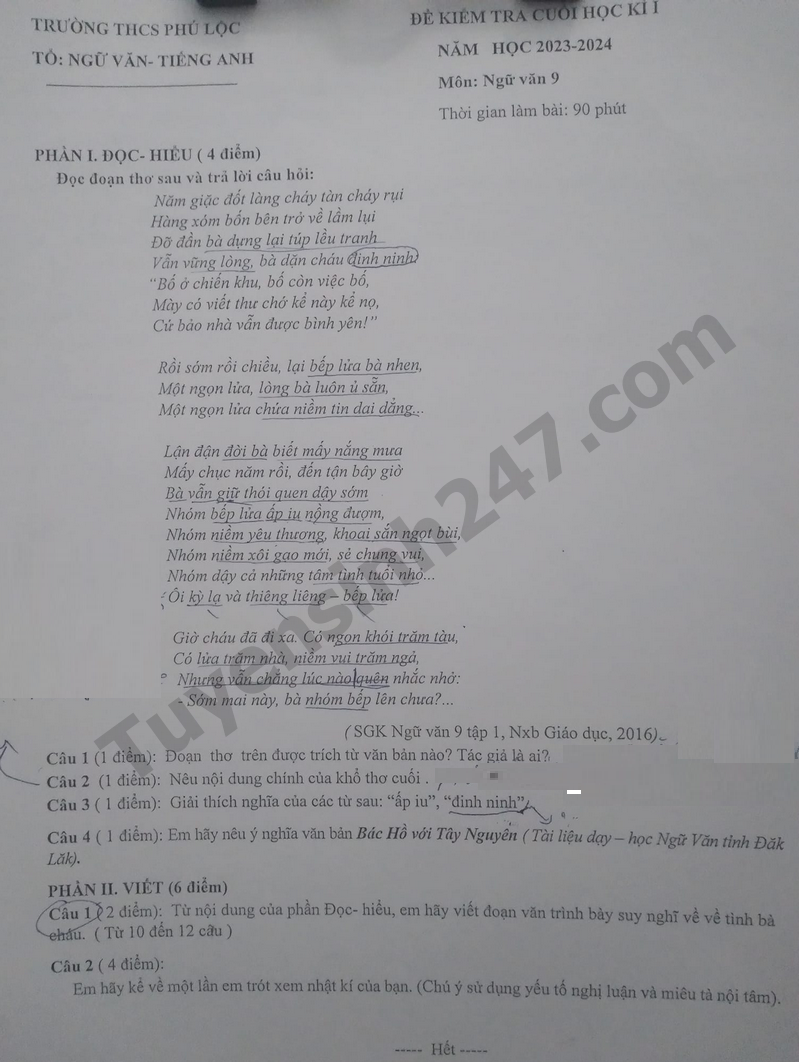 De cuoi ki 1 lop 9 mon Van 2023 - THCS Phu Loc