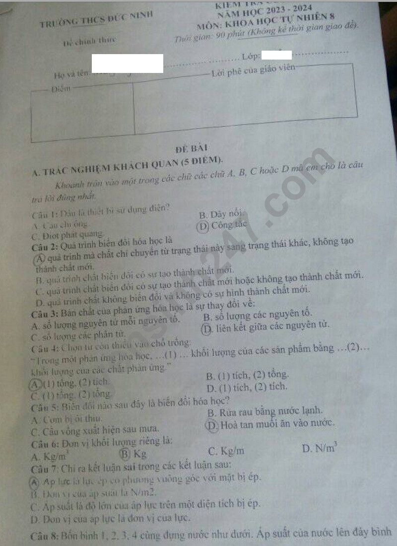 De thi cuoi ki 1 mon KHTN lop 8 - THCS Duc Ninh 2023