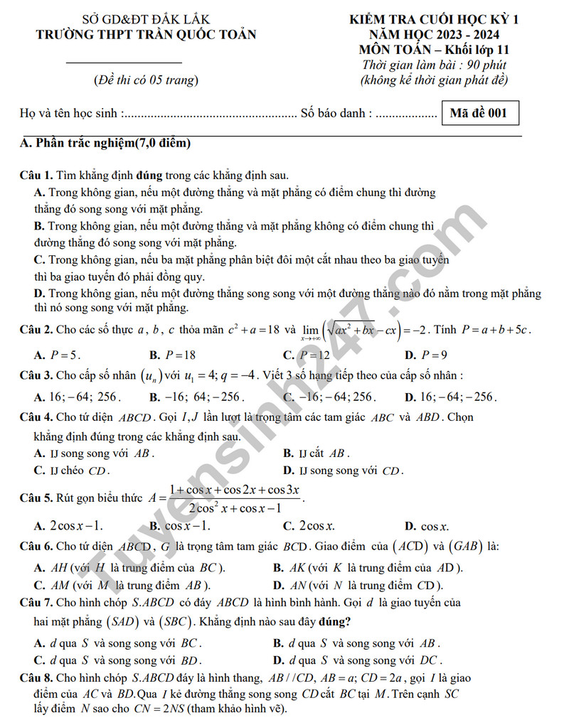 De thi HK 1 mon Toan lop 11 - THPT Tran Quoc Toan 2023 (Co dap an)