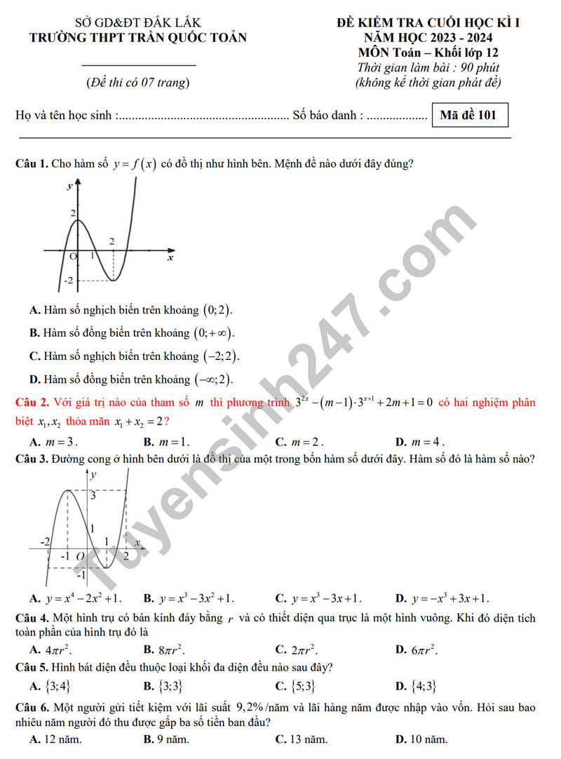 De thi HK 1 mon Toan lop 12 nam 2023 - THPT Tran Quoc Toan (Co dap an)