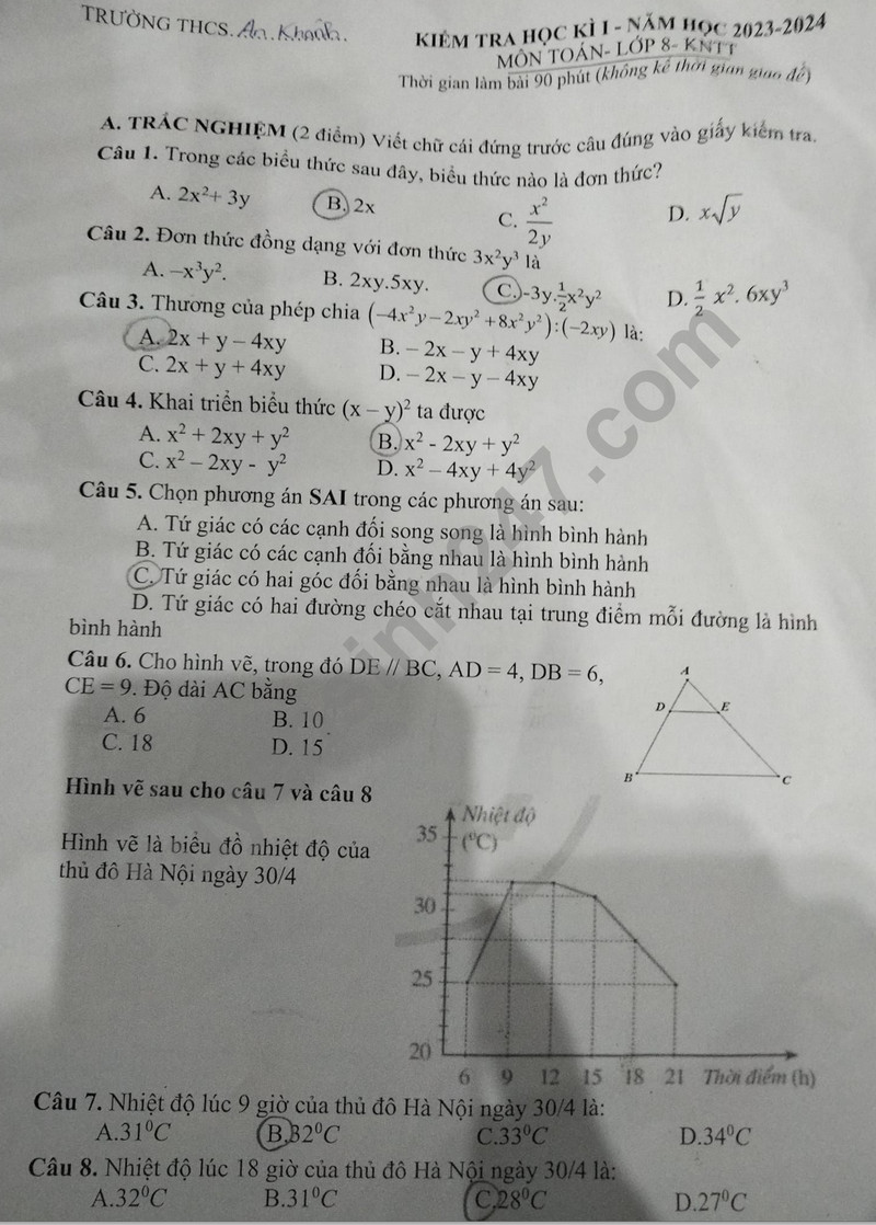 De HK 1 mon Toan lop 8 - THCS An Khanh 2023