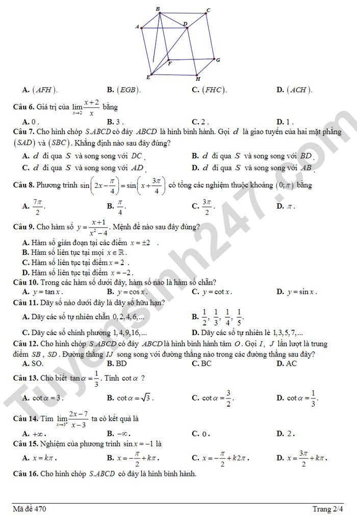De thi hoc ki 1 lop 11 mon Toan 2023 - THPT Tran Hung Dao (Co dap an)