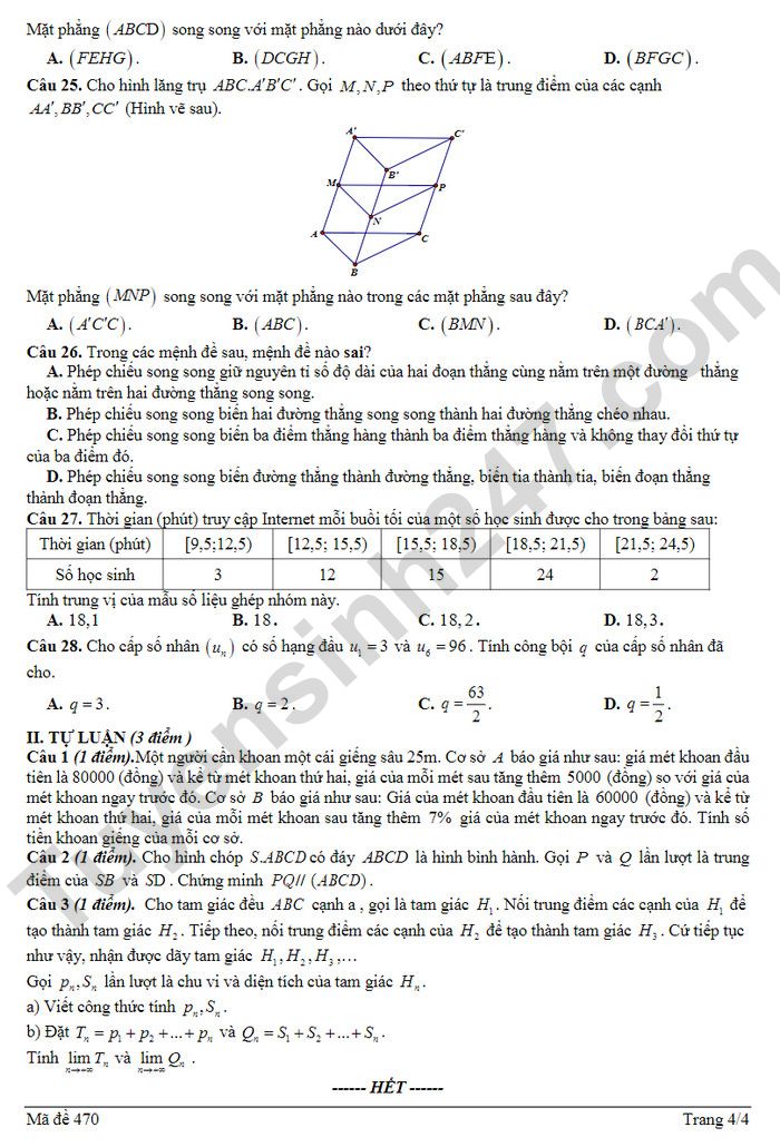 De thi hoc ki 1 lop 11 mon Toan 2023 - THPT Tran Hung Dao (Co dap an)