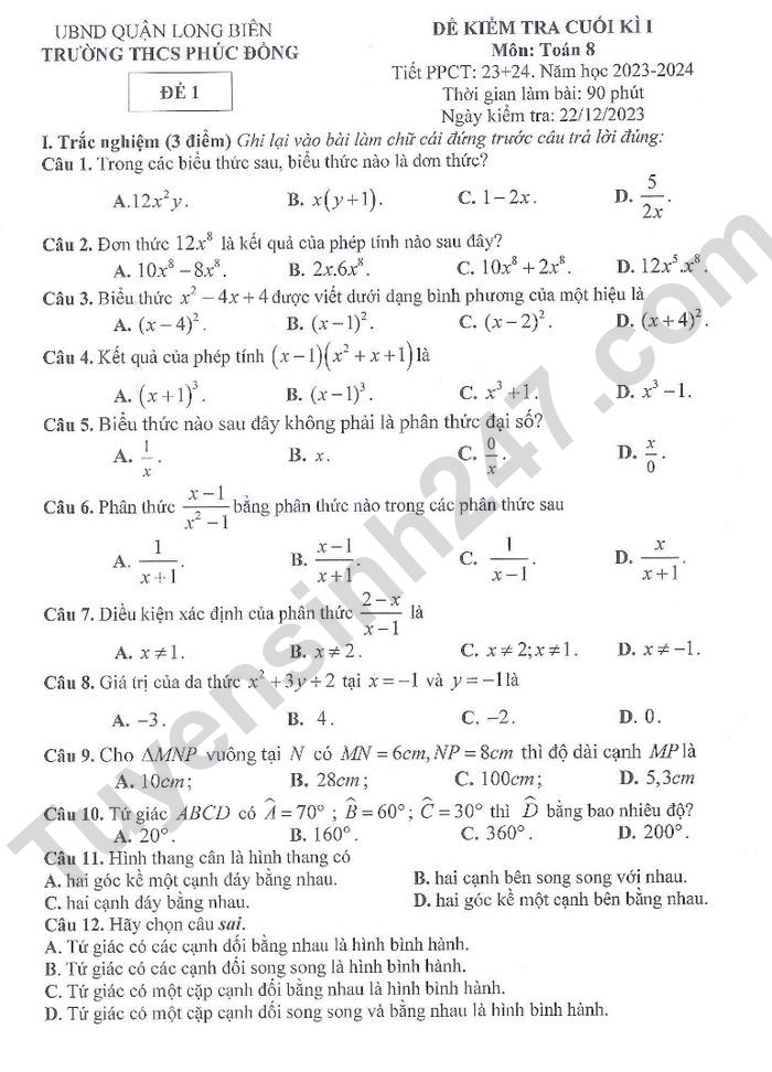 De thi hoc ki 1 lop 8 mon Toan 2023 - THCS Phuc Dong (Co dap an)