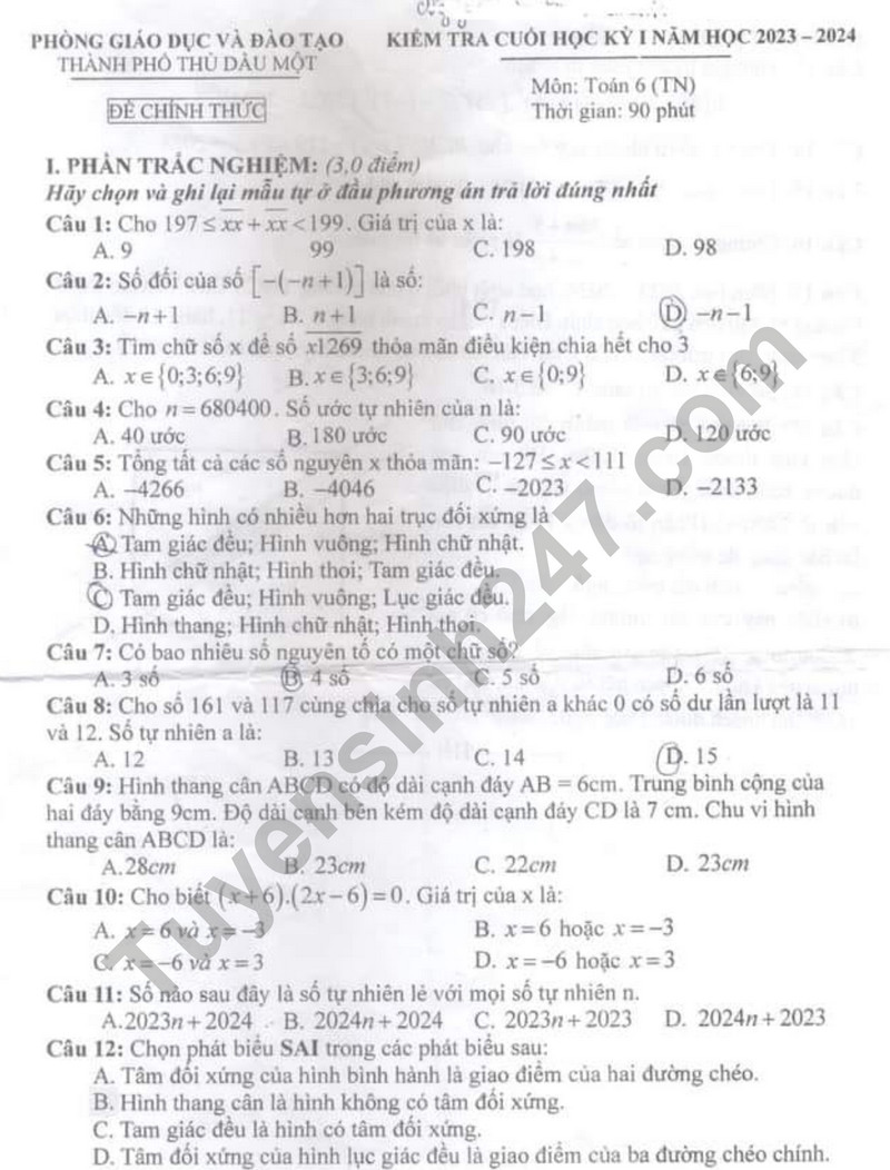 De thi cuoi ki 1 mon Toan lop 6 - Phong GD Thu Dau Mot 2023