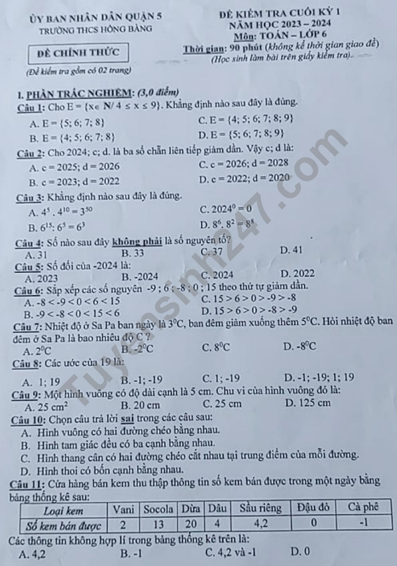 De thi HK1 mon Toan lop 6 - THCS Hong Bang 2023