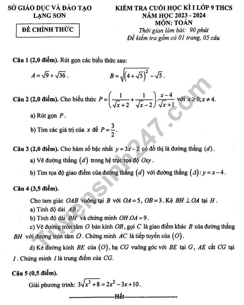 De thi cuoi ki 1 mon Toan lop 9 - So GD Lang Son 2023