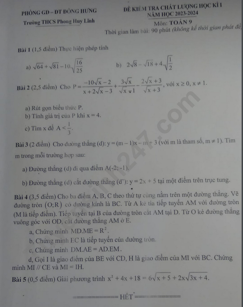 De thi cuoi ki 1 mon Toan lop 9 - THCS Phong Huy Linh 2023