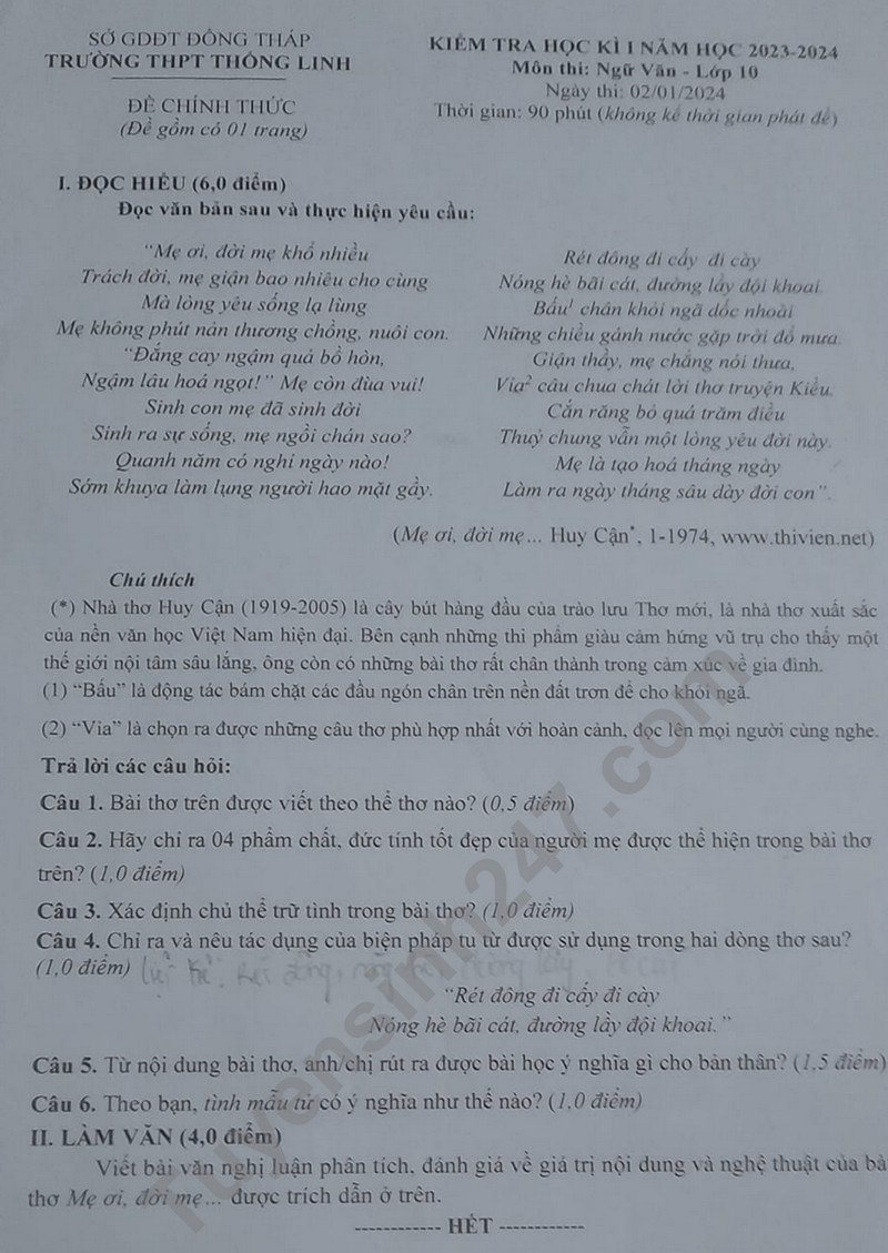 De thi cuoi ki 1 mon Van lop 10 - THPT Thong Linh 2023