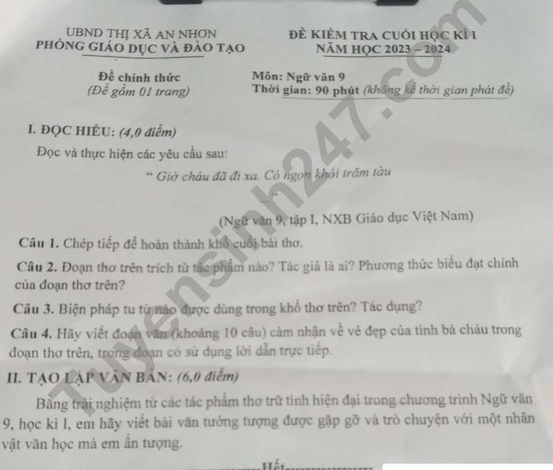 De thi cuoi ki 1 mon Van lop 9 - Phong GD An Nhon 2023