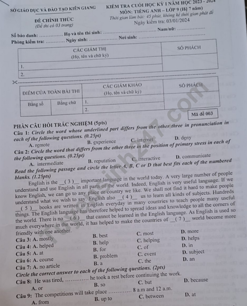 De thi cuoi ki 1 mon Anh lop 9 - So GD Kien Giang 2023 (Co dap an)