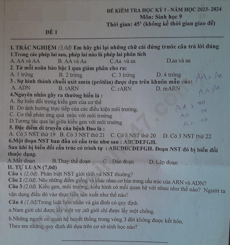 De thi HK 1 mon Sinh lop 9 - THCS Dak Lak 2023