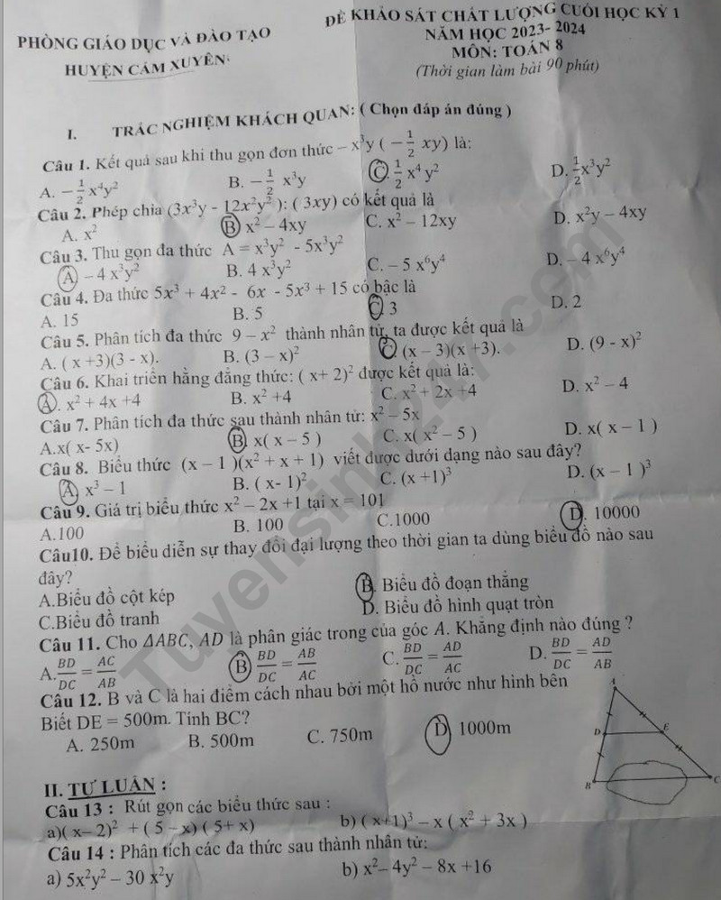 De kiem tra ki 1 lop 8 mon Toan 2023 - Phong GD Cam Xuyen