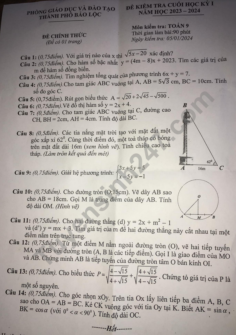 De thi cuoi ki 1 mon Toan lop 9 - Phong GD Bao Loc 2023