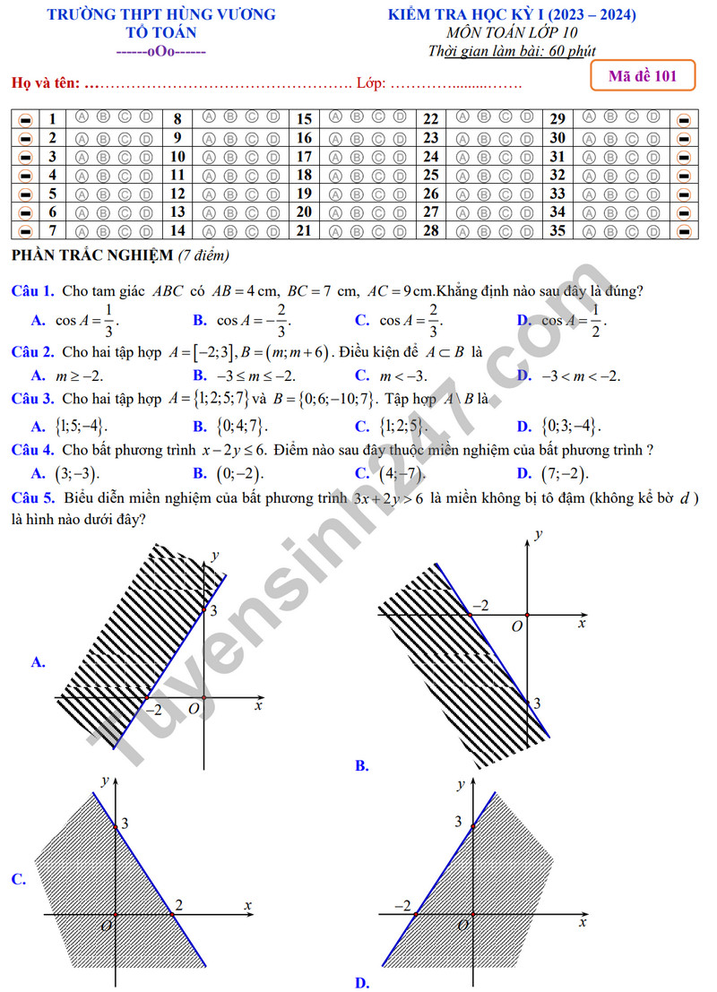 De thi cuoi ki 1 mon Toan lop 10 - THPT Hung Vuong 2023 (Co dap an)