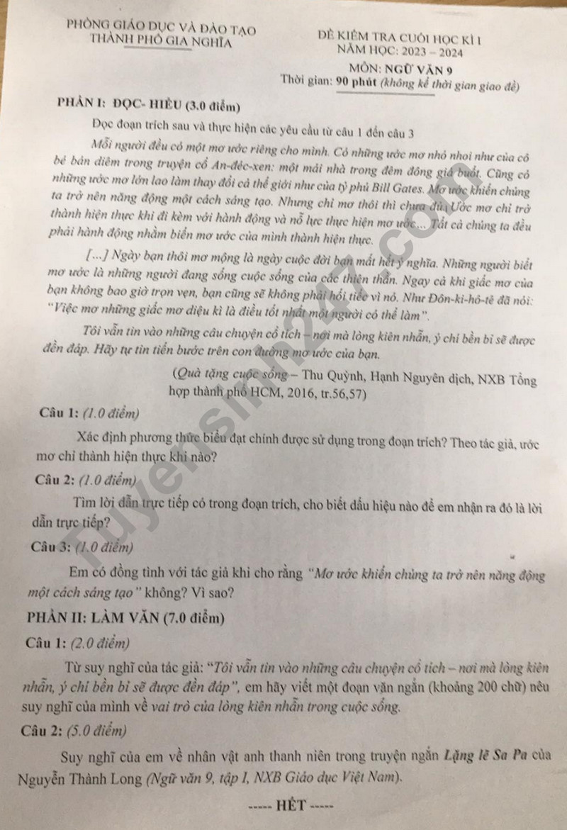 De thi cuoi ki 1 mon Van lop 9 - Phong GD Gia Nghia 2023