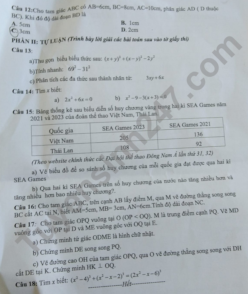 De thi cuoi ki 1 lop 8 mon Toan 2023 - Phong GD Thach Ha