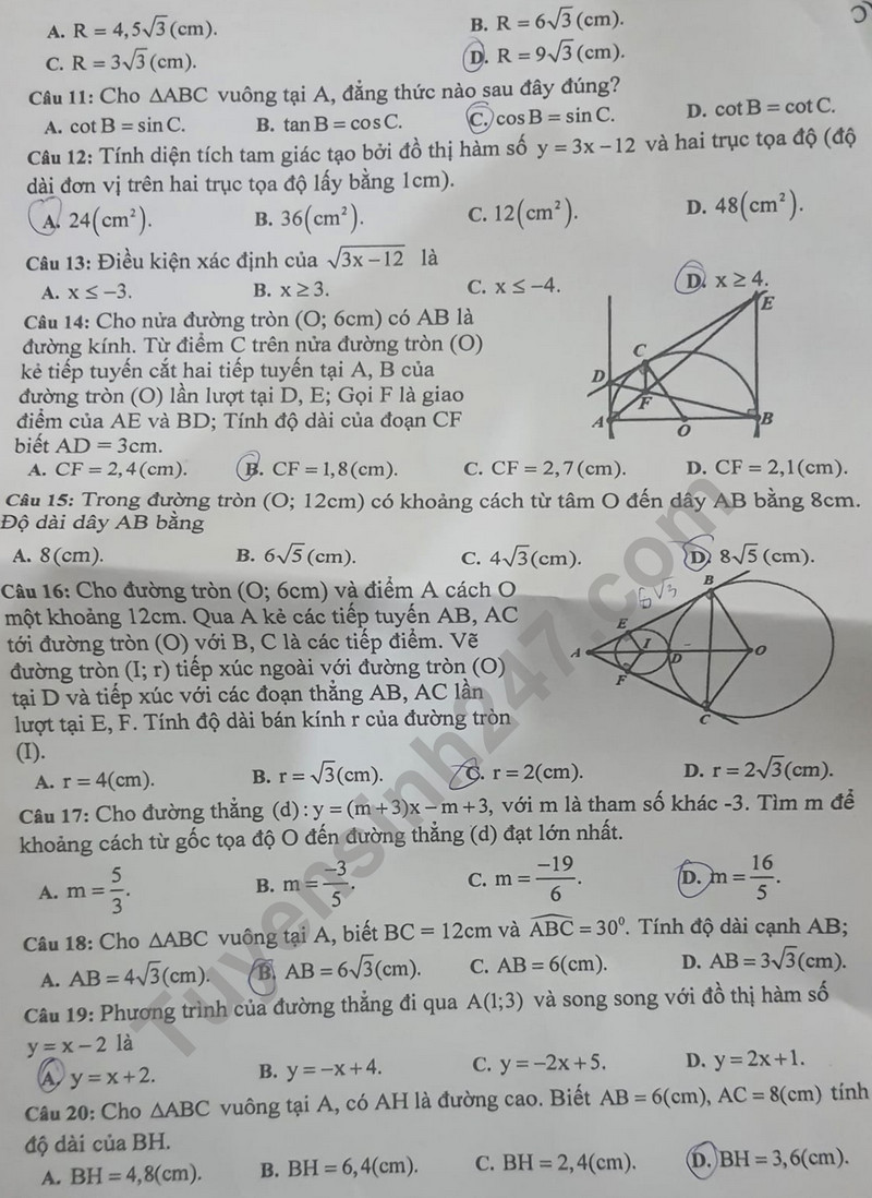 De thi cuoi ki 1 lop 9 mon Toan nam 2023 - THCS Phu Cu