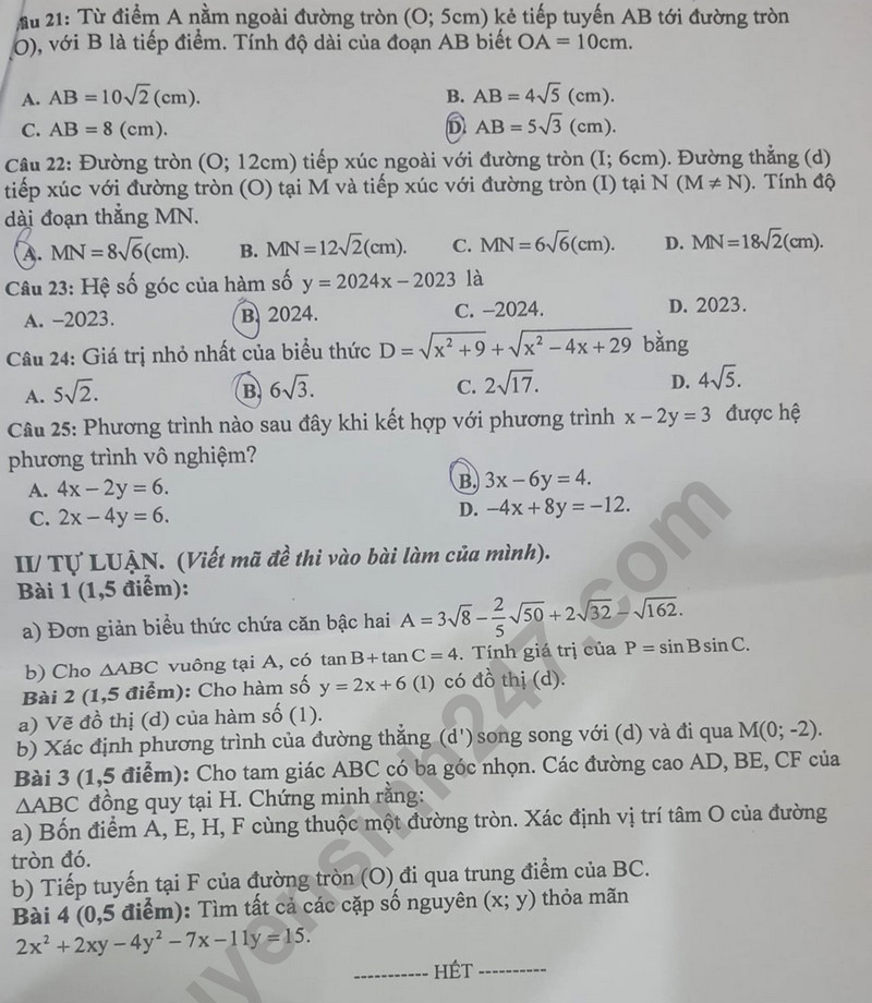 De thi cuoi ki 1 lop 9 mon Toan nam 2023 - THCS Phu Cu