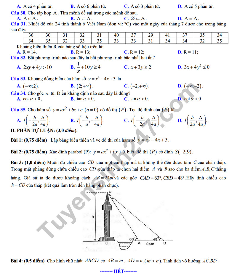 De thi HK 1 lop 10 mon Toan - THPT Pham Thanh Trung 2023