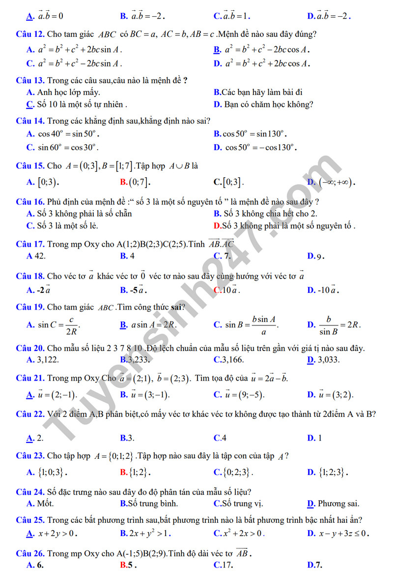 De thi hoc ki 1 lop 10 mon Toan 2023 - THPT Dien Chau 2