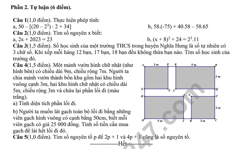 De thi cuoi ki 1 mon Toan lop 6 - Phong GD huyen Nghia Hung 2023 (Co dap an)