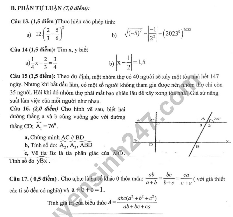 De thi cuoi ki 1 lop 7 mon Toan - Phong GD Kim Bang 2023 (Co dap an)